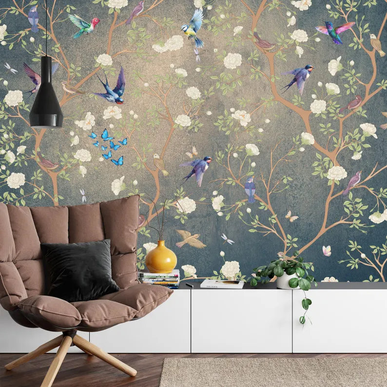 Chinoiserie Flowers Birds Wallpaper Mural, Vintage Art Print
