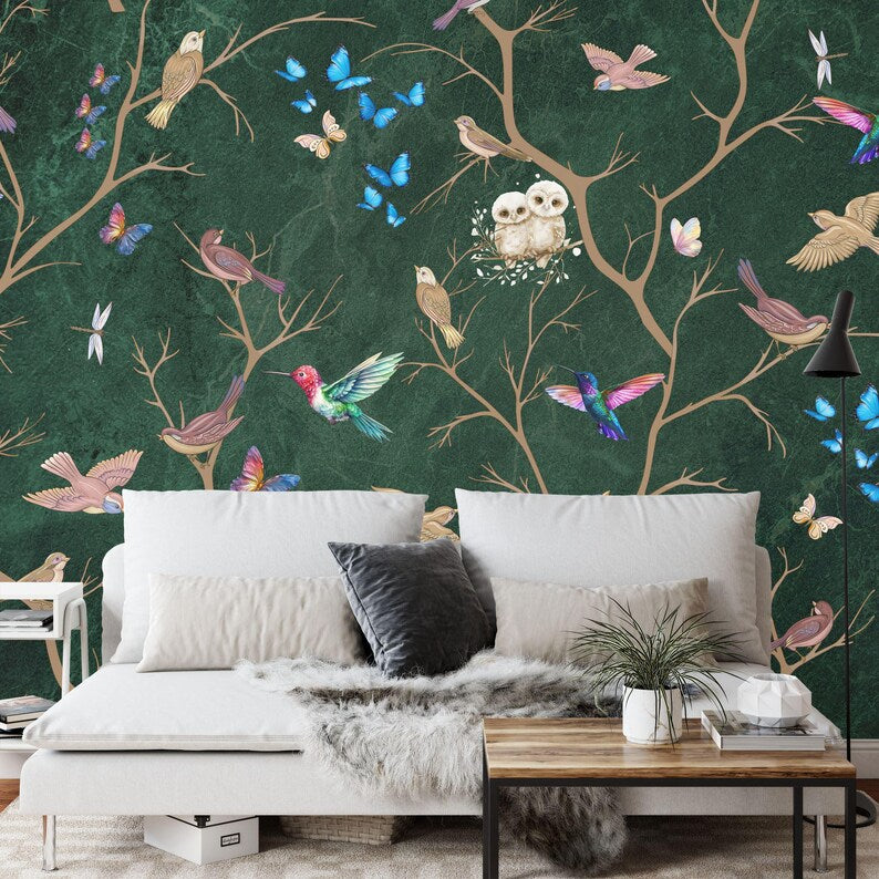 Chinoiserie Floral Bird Wallpaper Mural – Vintage Pastel
