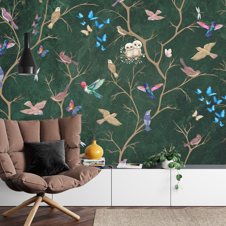 Chinoiserie Floral Bird Wallpaper Mural – Vintage Pastel
