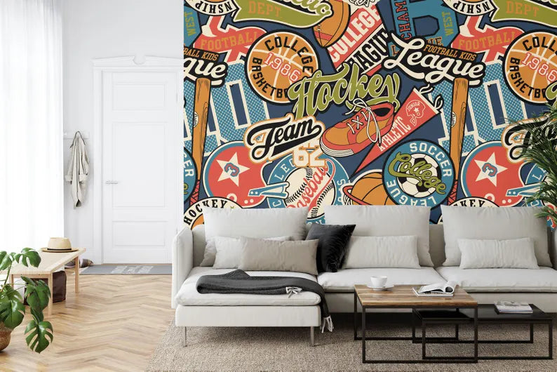 Sports Badges Wallpaper Mural | Peel and Stick Wall Decal