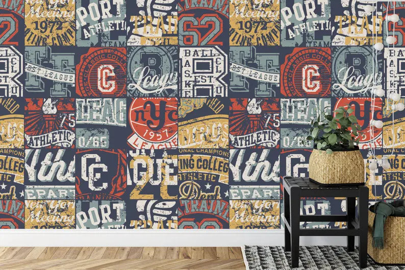 Athletic Badges Patchwork Wallpaper Mural Art Print