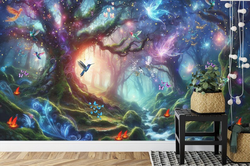 Enchanted Forest Night Wallpaper Mural, Magical Moonlit