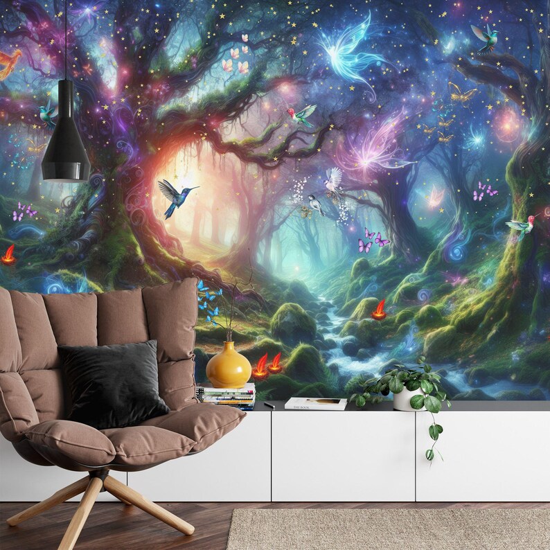Enchanted Forest Night Wallpaper Mural, Magical Moonlit