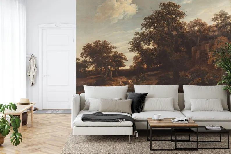 Vintage Oak Forest Painting, Rural Landscape Wallpaper Mural