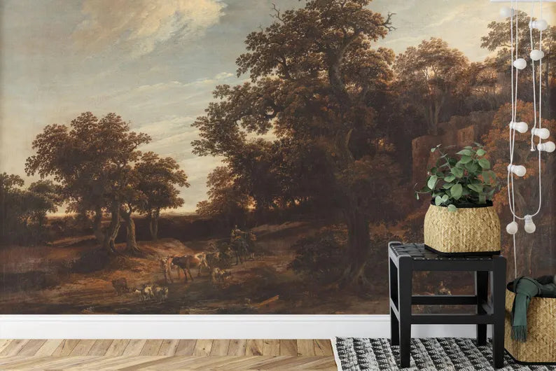 Vintage Oak Forest Painting, Rural Landscape Wallpaper Mural