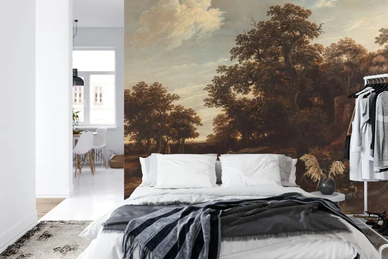 Vintage Oak Forest Painting, Rural Landscape Wallpaper Mural