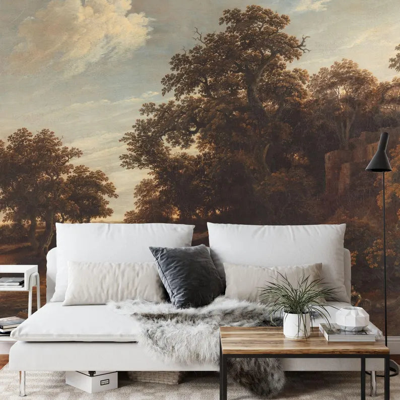 Vintage Oak Forest Painting, Rural Landscape Wallpaper Mural