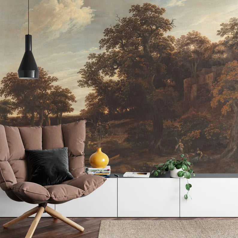 Vintage Oak Forest Painting, Rural Landscape Wallpaper Mural