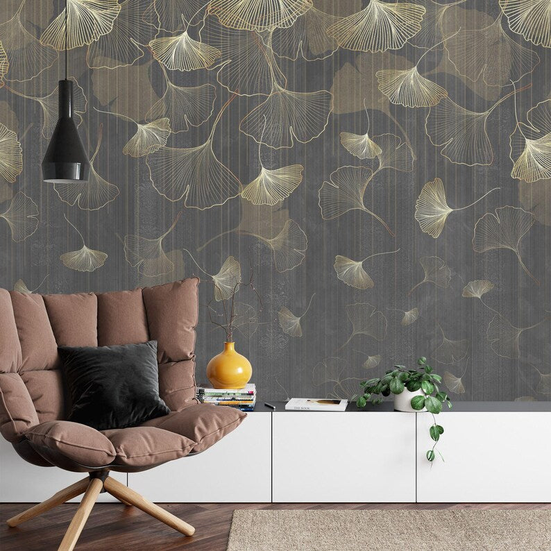 Vintage Ginkgo Leaf Wallpaper Mural, Grunge Art Print