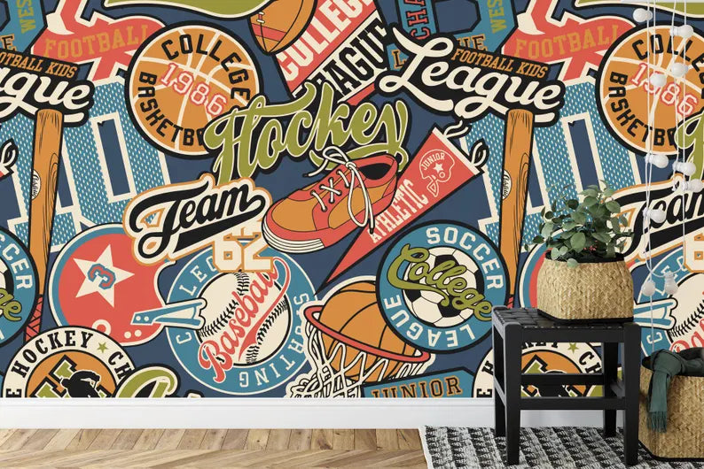 Sports Badges Wallpaper Mural | Peel and Stick Wall Decal
