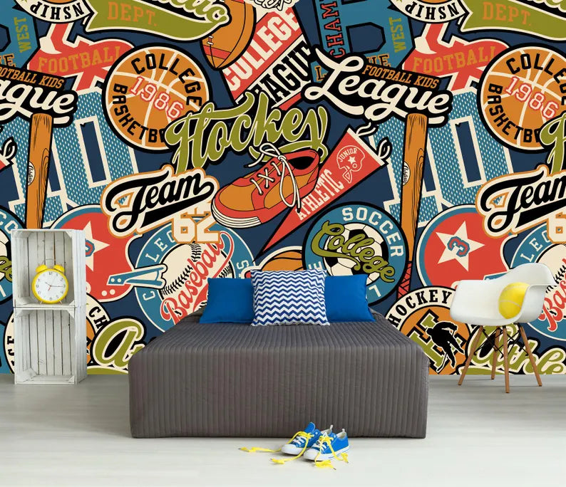 Sports Badges Wallpaper Mural | Peel and Stick Wall Decal