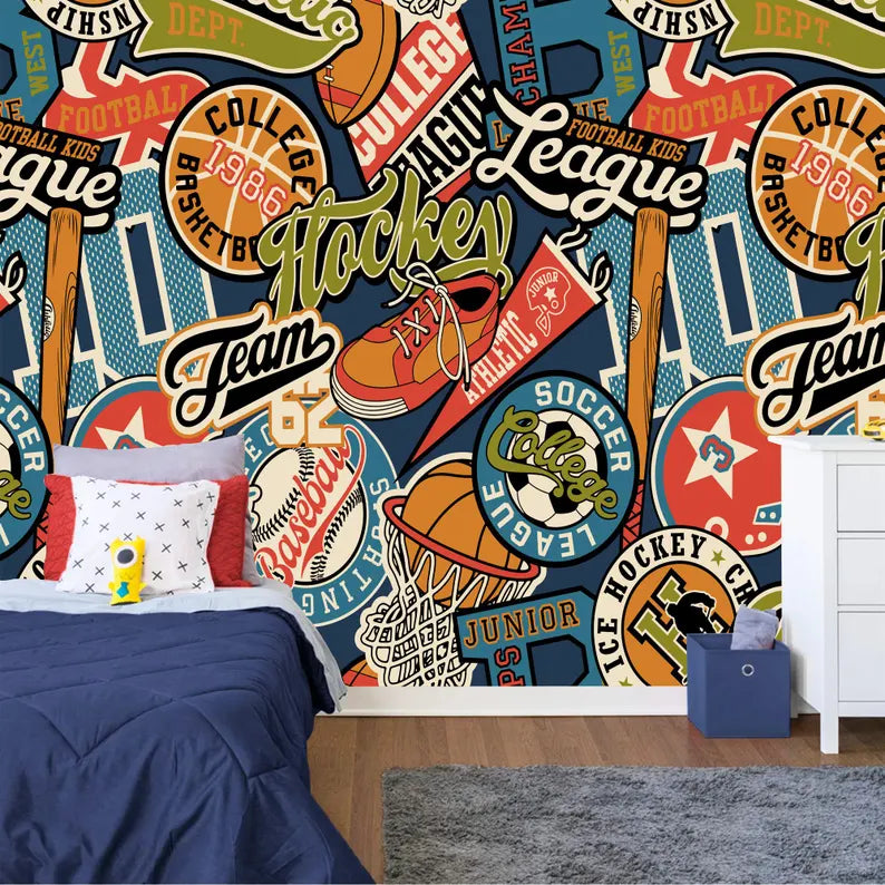 Sports Badges Wallpaper Mural | Peel and Stick Wall Decal