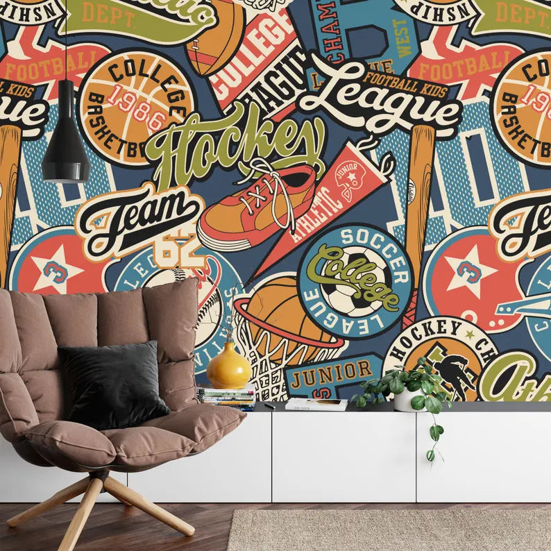 Sports Badges Wallpaper Mural | Peel and Stick Wall Decal