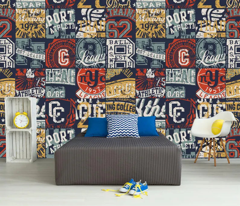 Athletic Badges Patchwork Wallpaper Mural Art Print