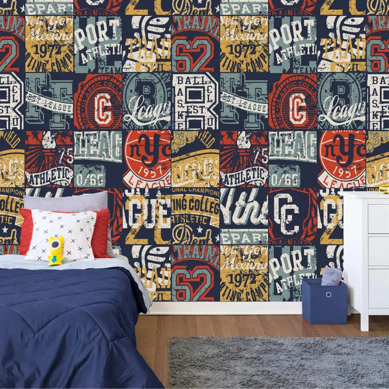 Athletic Badges Patchwork Wallpaper Mural Art Print