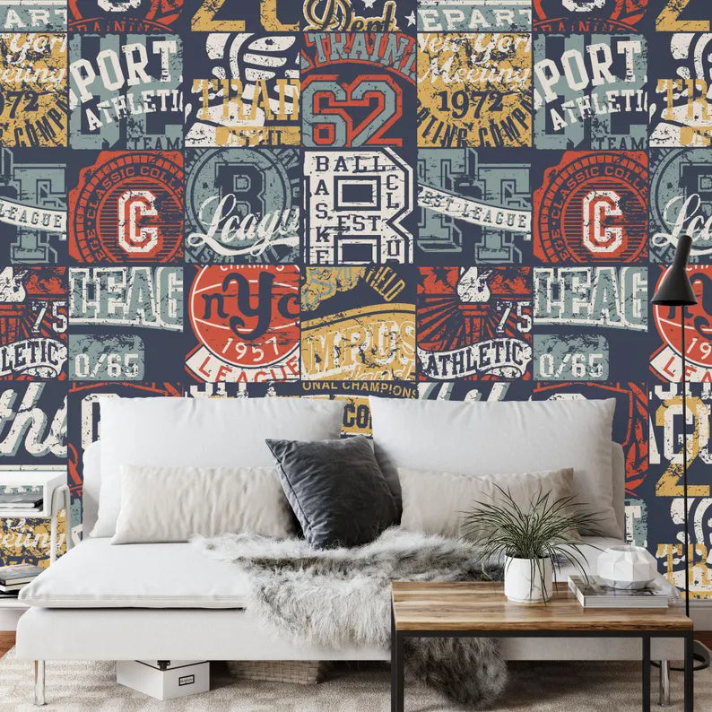 Athletic Badges Patchwork Wallpaper Mural Art Print