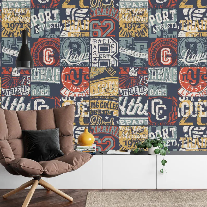 Athletic Badges Patchwork Wallpaper Mural Art Print