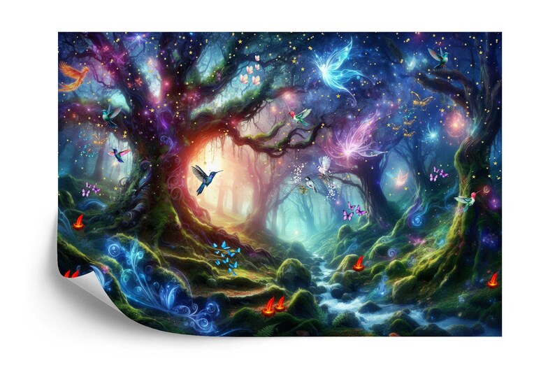 Enchanted Forest Night Wallpaper Mural, Magical Moonlit
