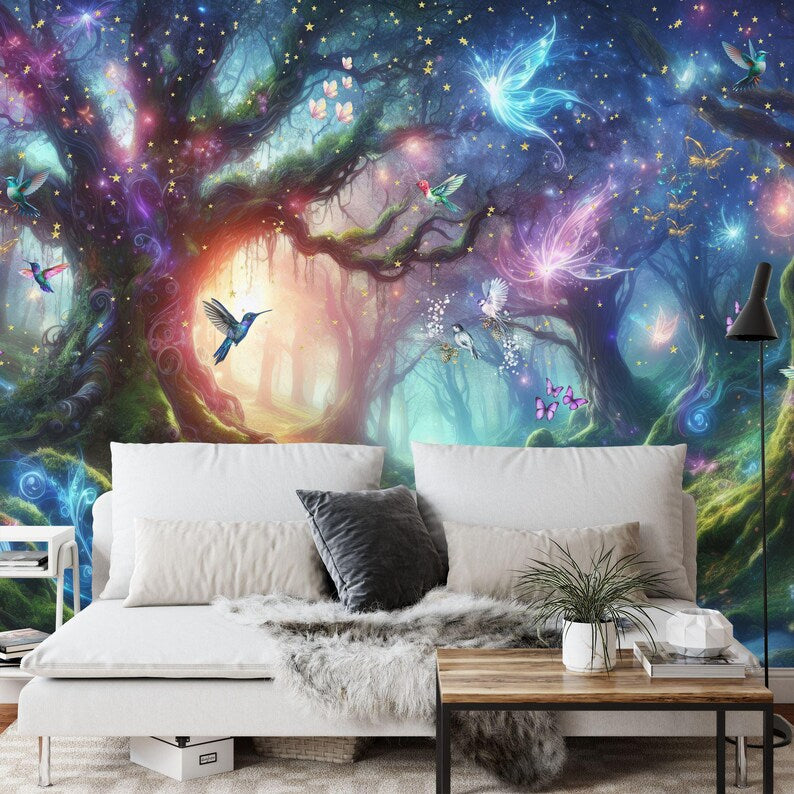 Enchanted Forest Night Wallpaper Mural, Magical Moonlit