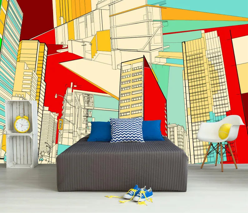 City Streets Wallpaper Mural, Urban Scenery, Kids Room