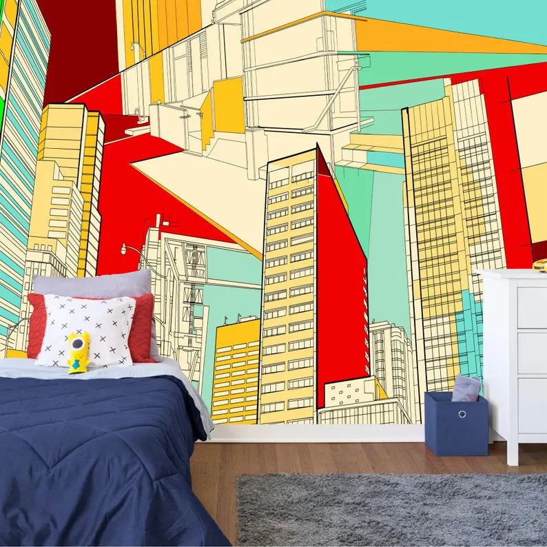 City Streets Wallpaper Mural, Urban Scenery, Kids Room