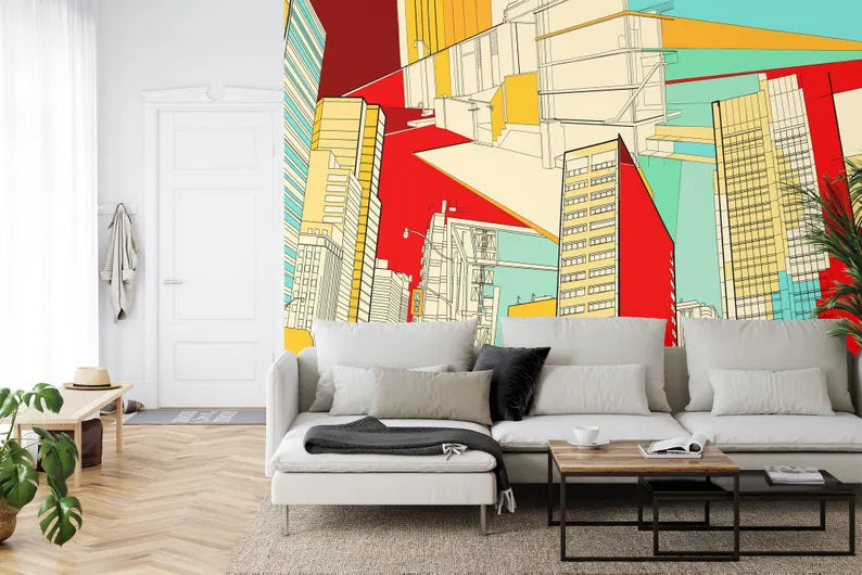 City Streets Wallpaper Mural, Urban Scenery, Kids Room