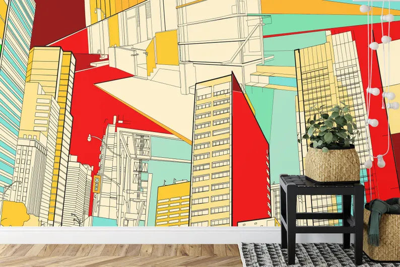 City Streets Wallpaper Mural, Urban Scenery, Kids Room