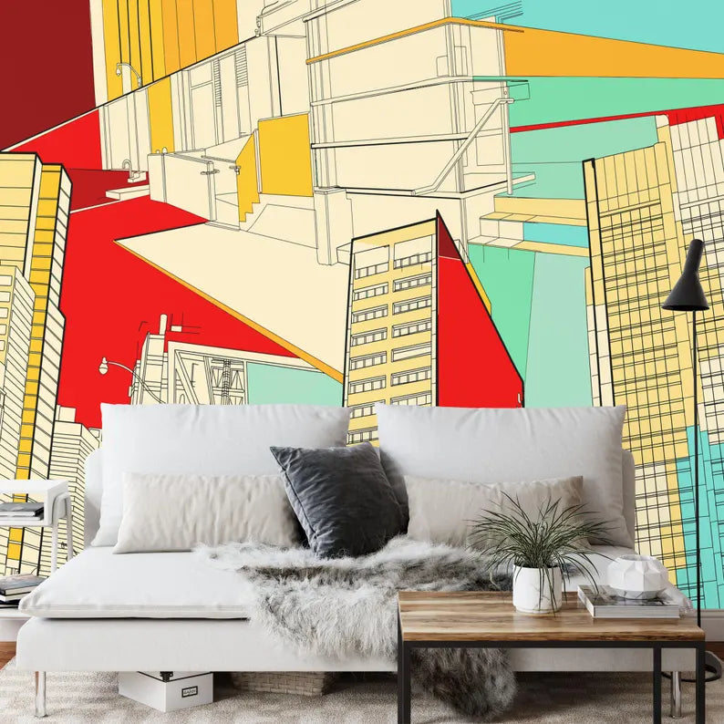 City Streets Wallpaper Mural, Urban Scenery, Kids Room