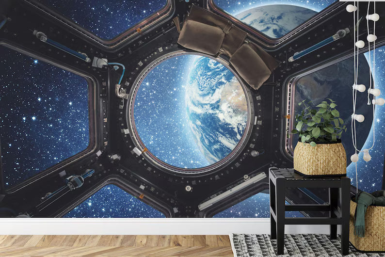 3D Earth View Wallpaper Mural, Spaceship Window Gift