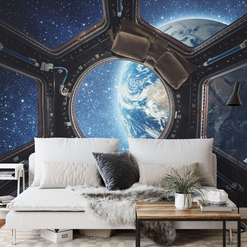 3D Earth View Wallpaper Mural, Spaceship Window Gift