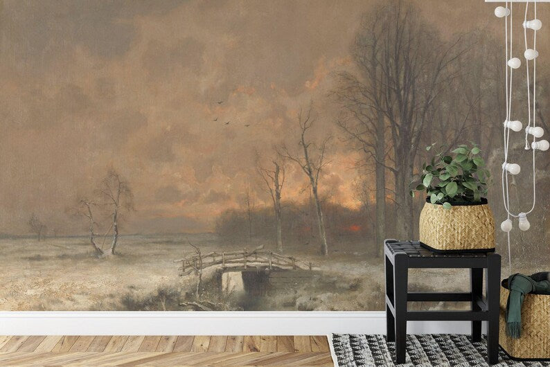 Wallpaper, Winter Landscape Painting Wall Mural