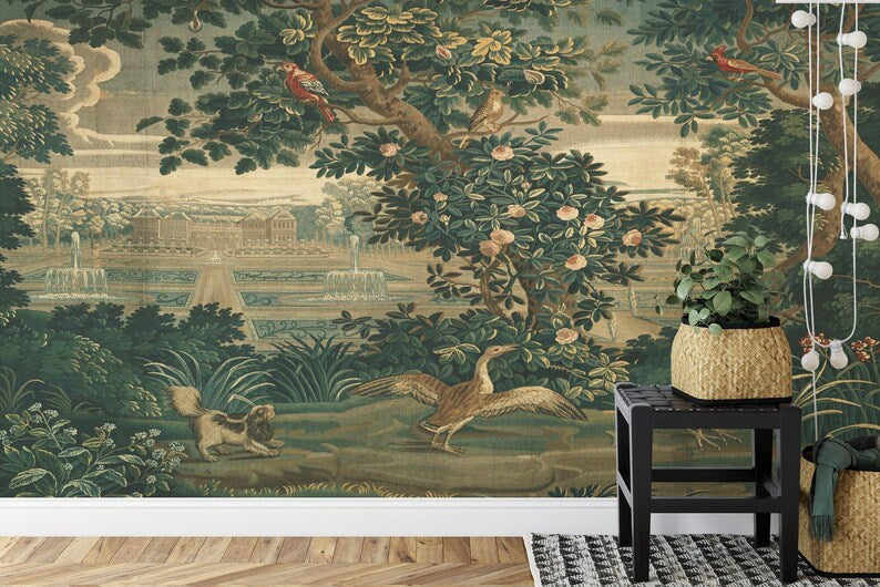 Close-up of classic landscape wallpaper mural design with intricate natural details
