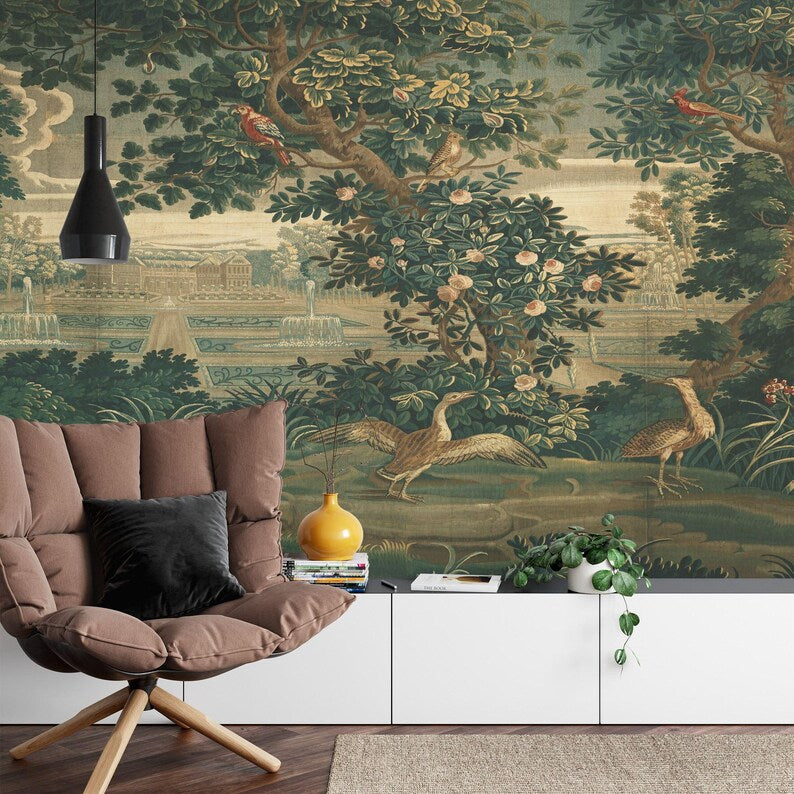 Premium classic landscape wallpaper mural detail highlighting color palette and finish
