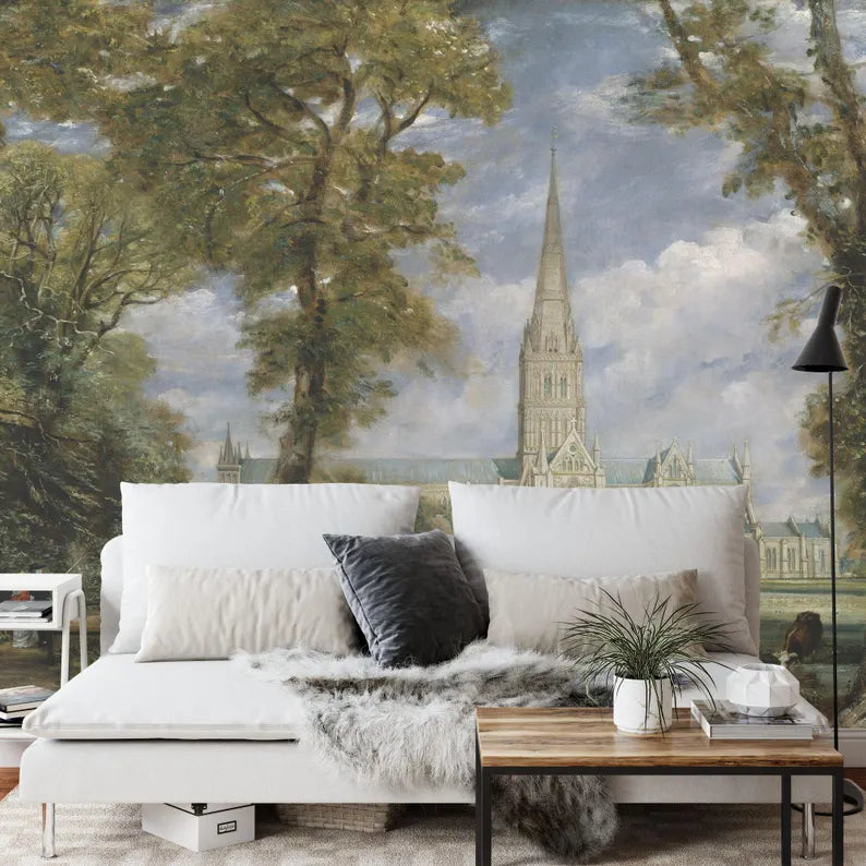 Close-up detail of landscape painting wallpaper texture and artistic brushwork quality
