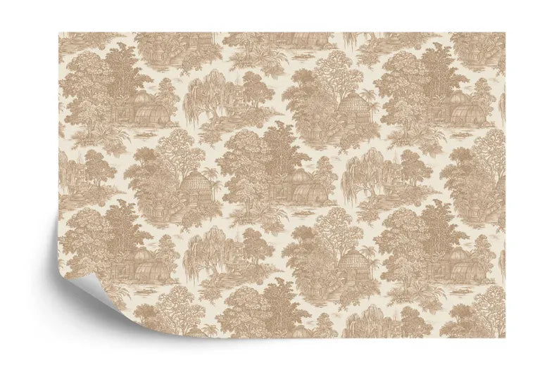 Oriental village wallpaper mural in vintage chinoiserie style with traditional architecture and scenery
