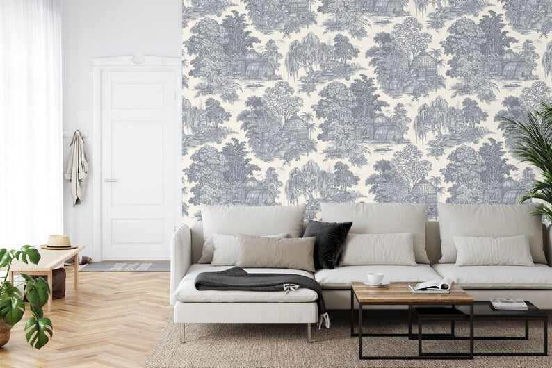 Chinoiserie wallpaper mural detail showing hand-painted village scene with traditional architecture and natural elements
