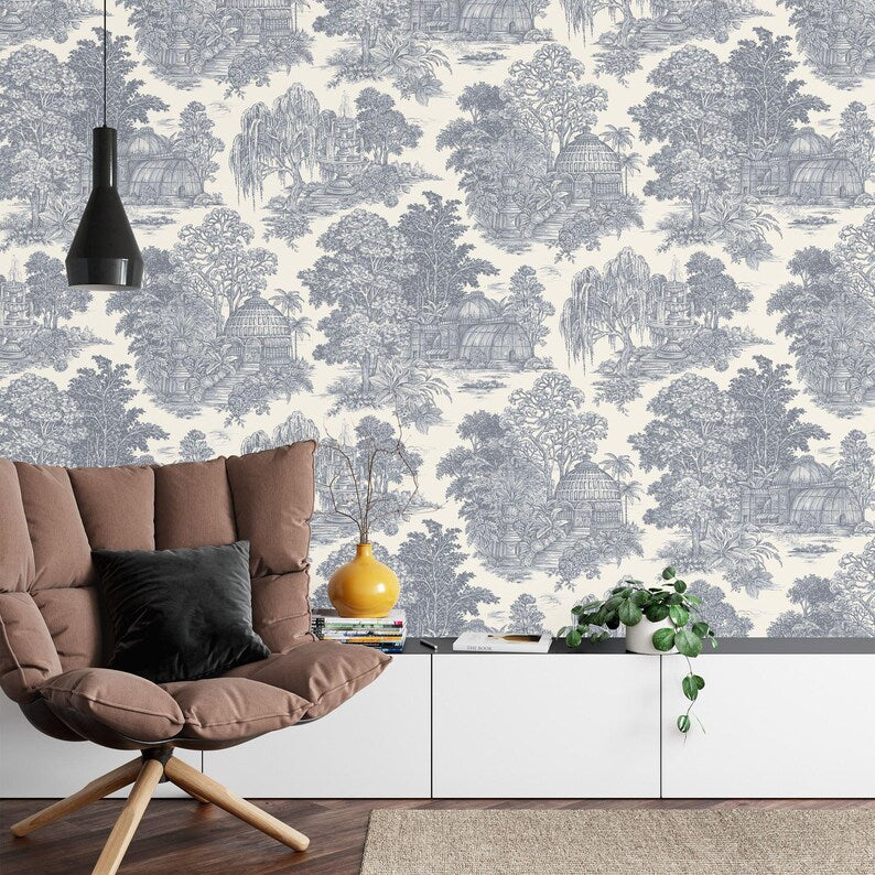 Hand-painted Chinoiserie wallpaper featuring traditional village scene with pagodas, bridges, and natural landscape elements
