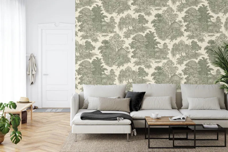 Close-up detail of vintage chinoiserie wallpaper showing hand-painted style trees and traditional architecture
