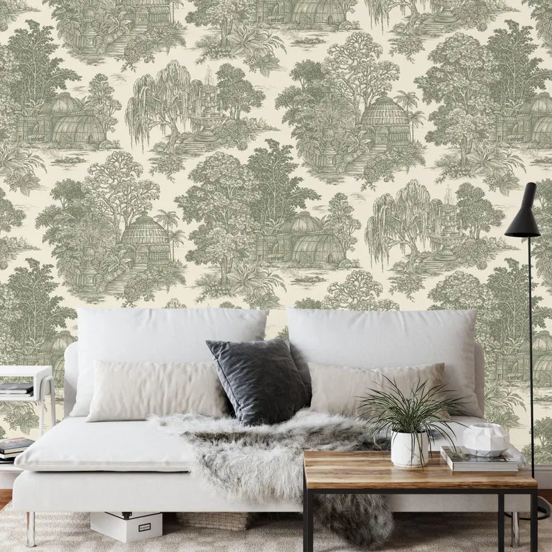 Traditional chinoiserie wallpaper design with pagodas, trees and pastoral village scene
