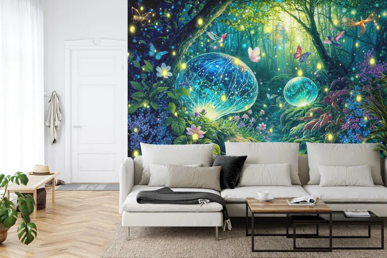 Enchanted Forest Wallpaper Mural, Butterflies, Flowers