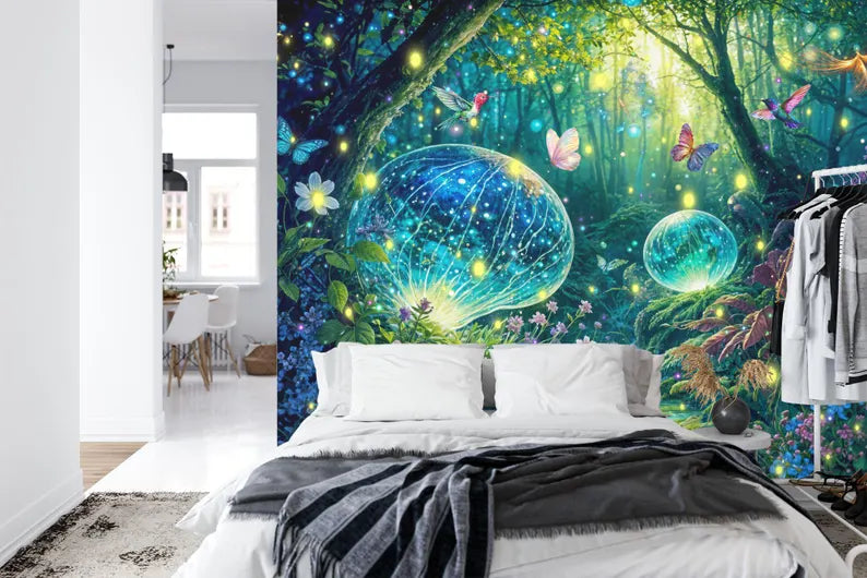 Enchanted Forest Wallpaper Mural, Butterflies, Flowers