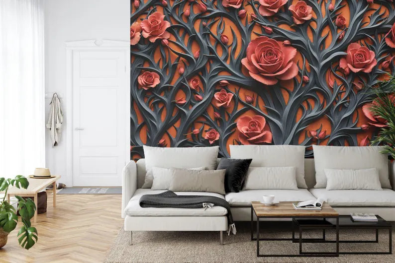 Red Peonies Baroque Floral Wallpaper Mural Gift