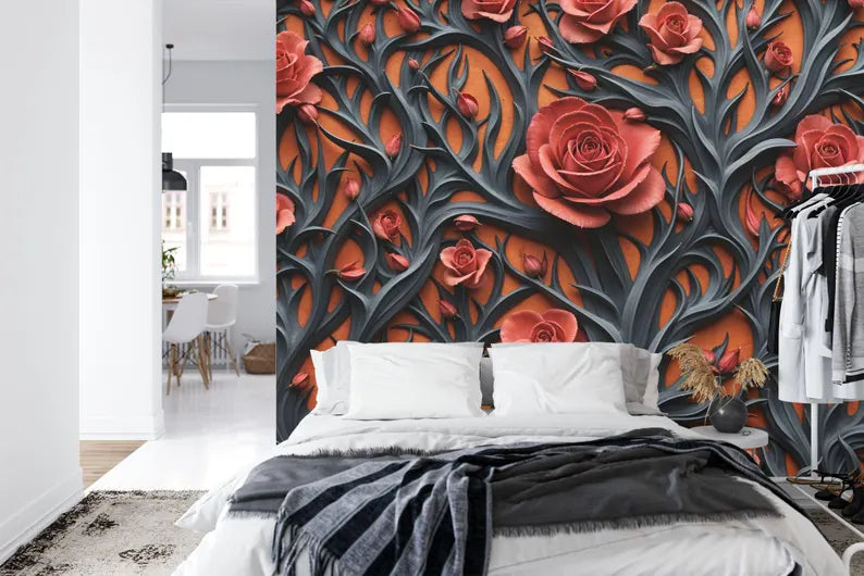 Red Peonies Baroque Floral Wallpaper Mural Gift