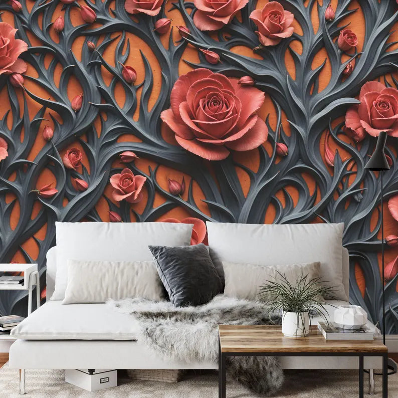 Red Peonies Baroque Floral Wallpaper Mural Gift