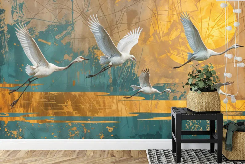 Vintage Chinoiserie Crane Art Print Wallpaper Mural