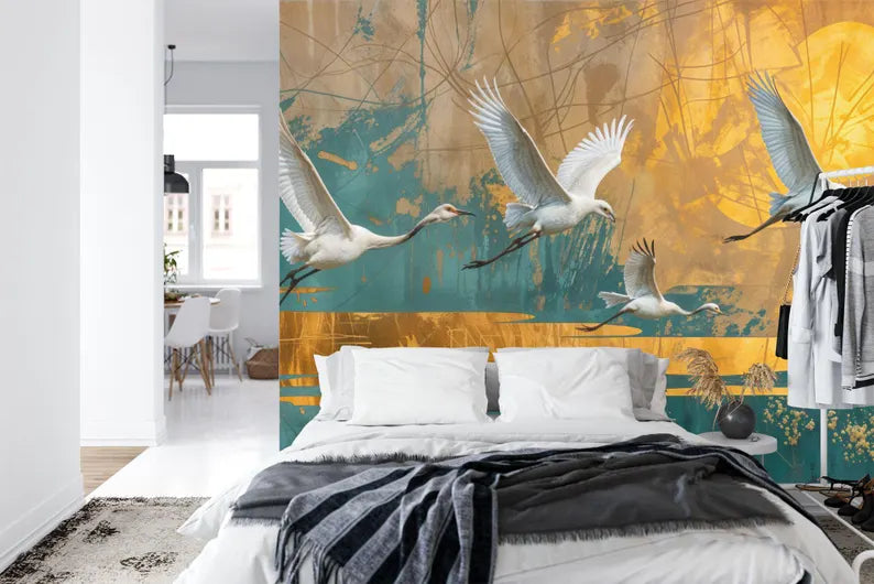 Vintage Chinoiserie Crane Art Print Wallpaper Mural