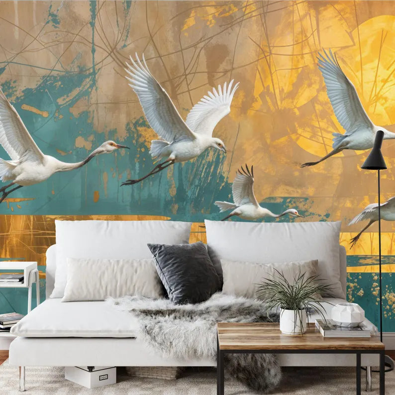 Vintage Chinoiserie Crane Art Print Wallpaper Mural