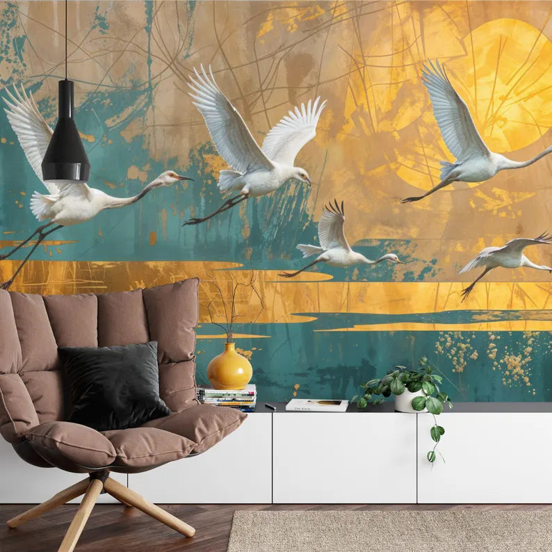 Vintage Chinoiserie Crane Art Print Wallpaper Mural
