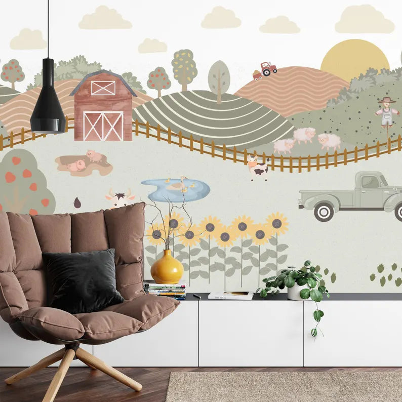 Watercolor Farm Kids Room Mural Art Print