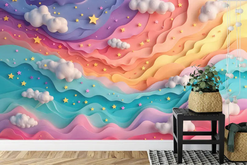 Rainbow Cloud Nursery Wallpaper Mural, Pastel Home Decor